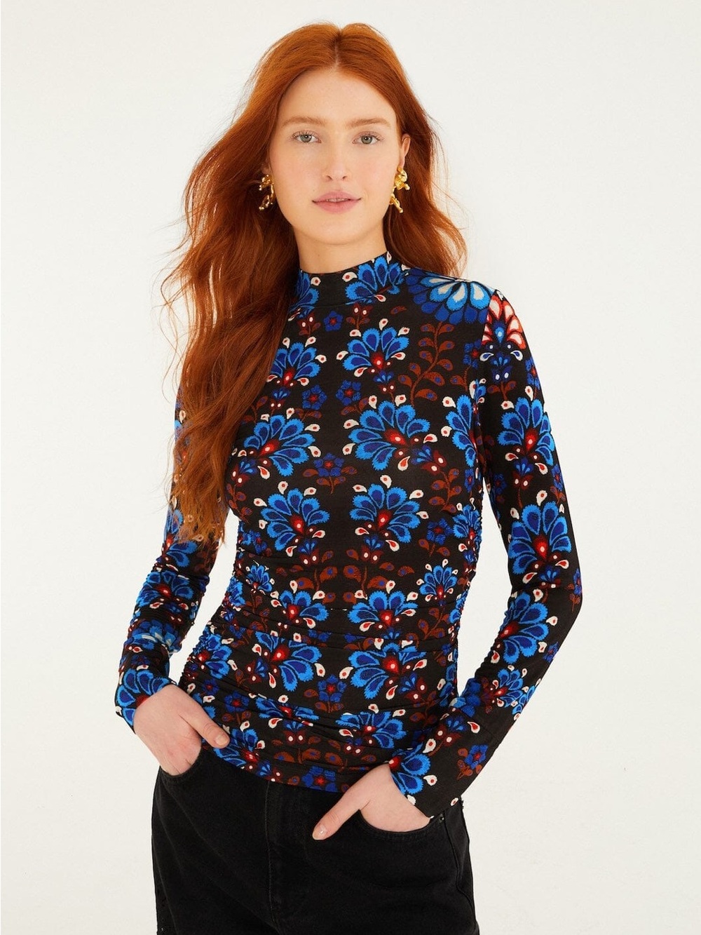 Farm Rio: Black Latina Scarf High Neck Jersey
Blouse